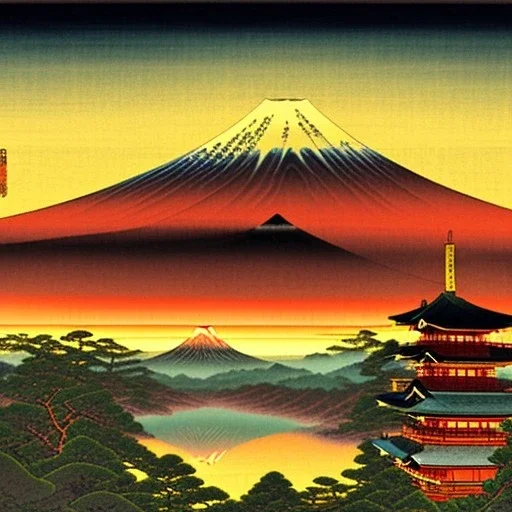 Ukiyo-e painting of a mount fuji at sunset