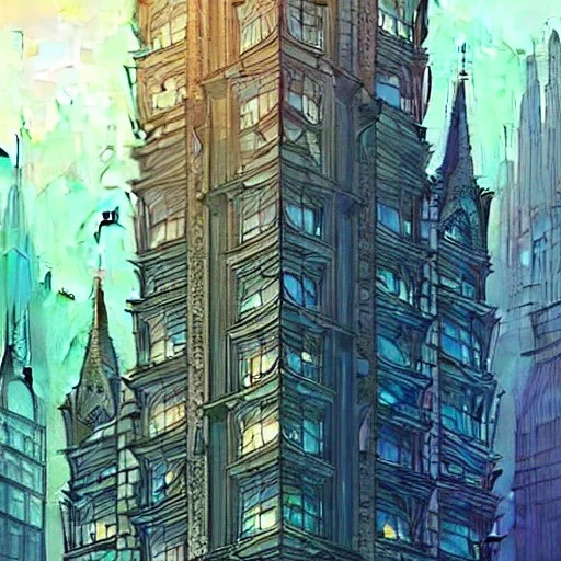 Architecture project A neogothic mixed with glass Skyscraper+detailed facades+highly detailed++ Book illustration by Gediminas Pranckevičius, Jean Baptiste Monge, Brian Kesinger, Anton fadeev, strong lines, high contrast vibrant colors, 16k resolution, trending on behance""