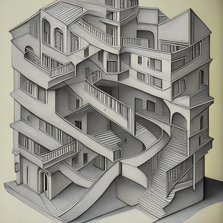 A building in 3 axis with stairs upside down and in several spacial dimensions and directions by artist "Escher" and "Tichenor"