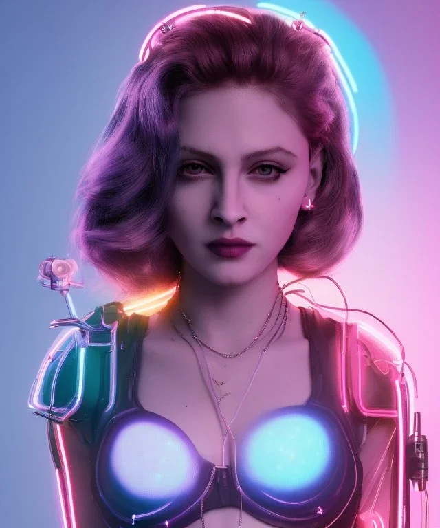 Artist, young madonna, android woman, glow iris, piercings, sweet, long hair, blonde, white skin, long eyeliner, glow pink cheeks, glossy lips, color leds lights, cables, circuits, cyberpunk, latex coat, cyber punk, neon, portrait, studio photo, unreal engine 5, soft color, 16 bit, god lights, ray tracing, RTX, lumen lighting, ultra deatail, volumetric lighting, 3d, finely drawn, hd.