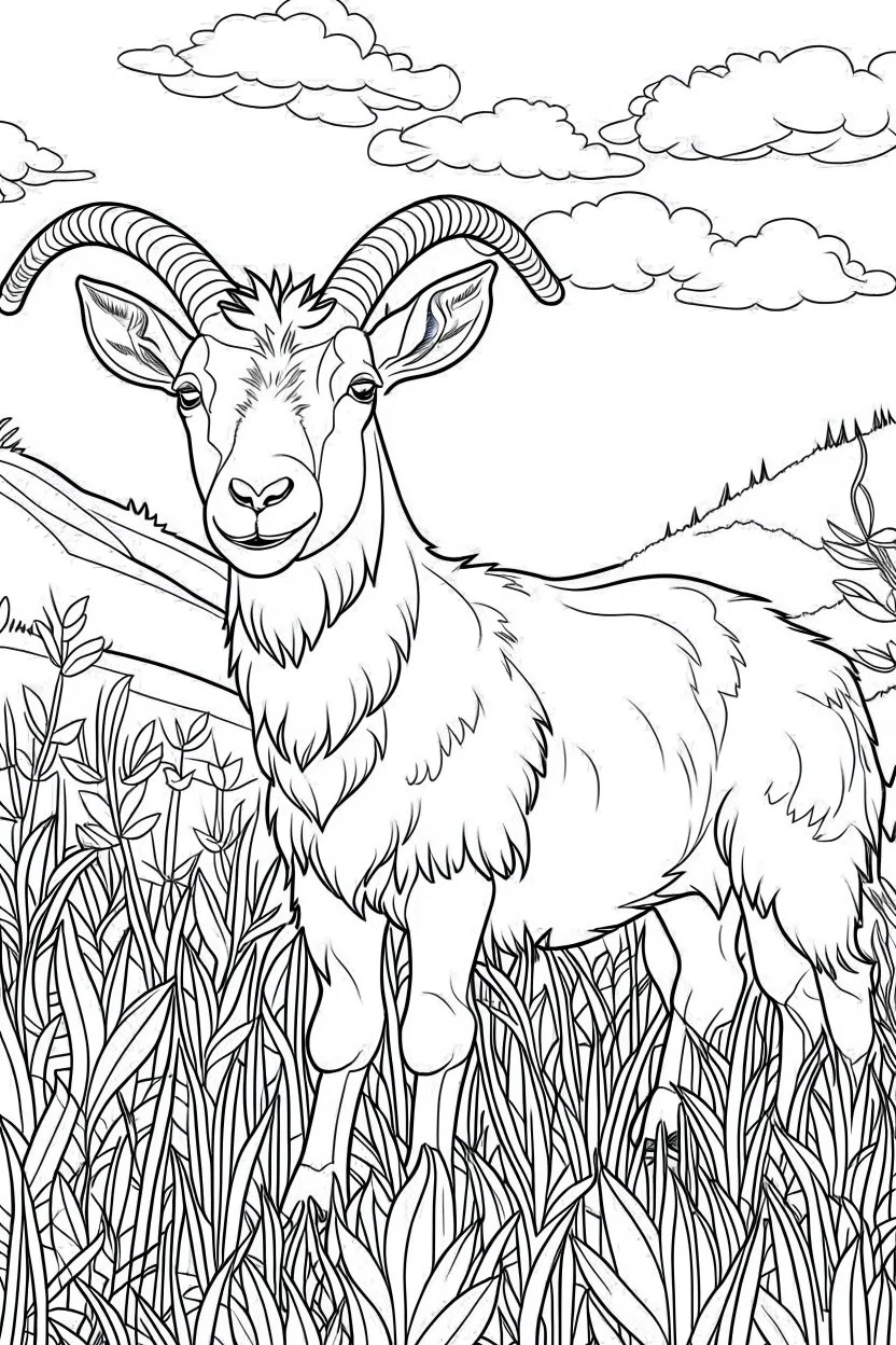 coloring page, goat in meadow, cartoon style, thick lines, low detail, no shading