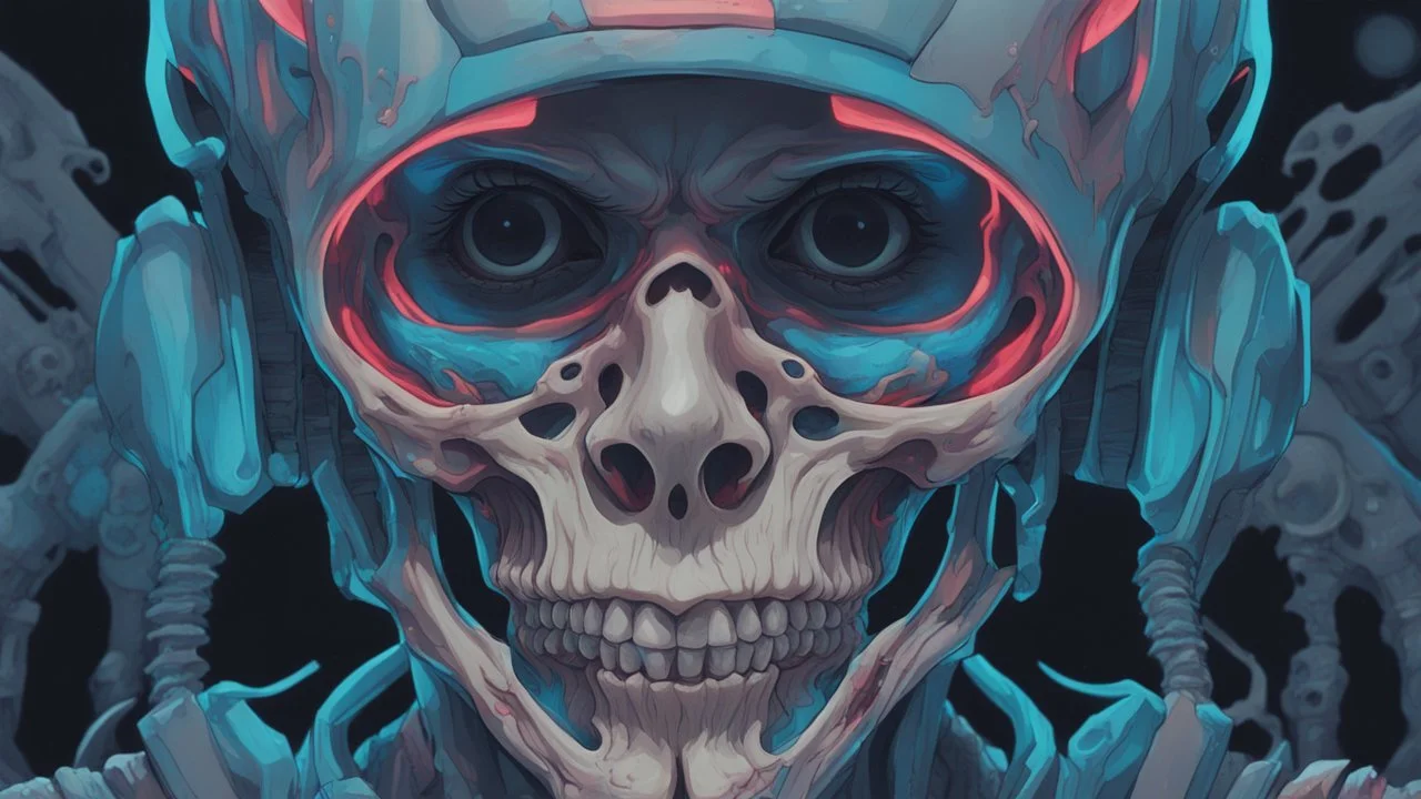 a close up of a person with a skull on their head, blue and black colors, anime skull portrait man, scary detailed art in color, hiroyuki-mitsume takahashi, nychos art aesthetic, half man half skeleton, anime cyberpunk art, colored manga art, rossdraws pastel vibrant, hot colors. insanely detailed, beautiful anime portrait, stunning anime face portrait, scary art in color