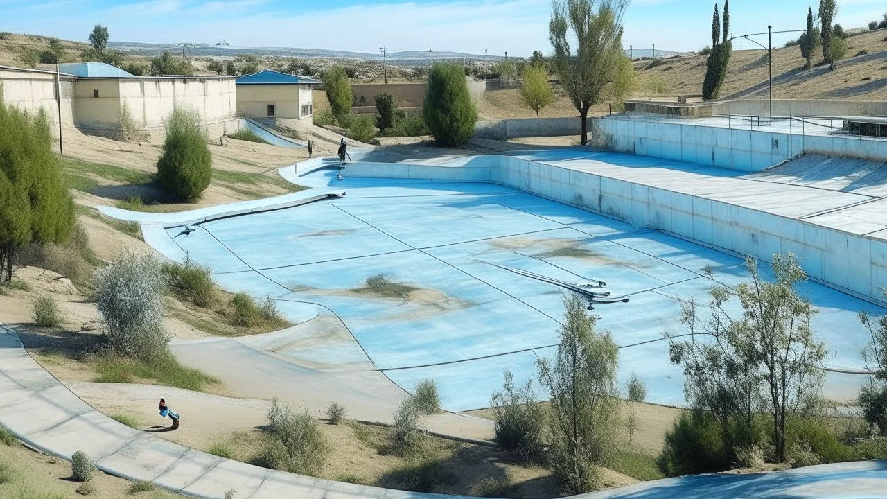 A light palish blue skatepark in the scrublands painted by Edouard Manet