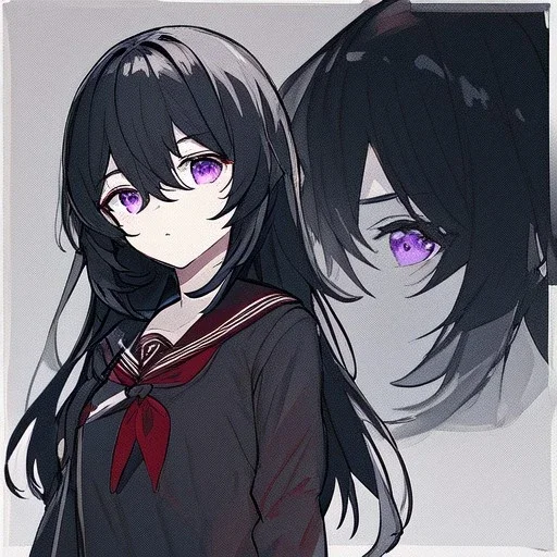 Clear focus, High resolution, rough line sketch art, long black hair, hair between eyes, fluffy hair, purple eyes, wearing a black and red sailor uniform, dark aura, 1girl