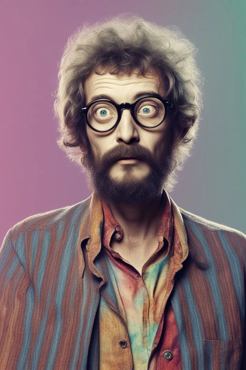 bohemian young ugly, strange not pretty, deformed man with Parisian bohemian look and glasses of colours and poor and short short short and poor hair on the head with receding hairline. Farsightedness glasses with big eyes. Shirt beard in the head. Vintage look and feel like photo style-of the 70s