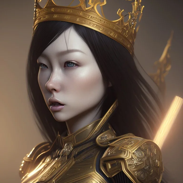 hitomi tanaka, long black hair, Unreal Engine 5, highly detailed, highest quality, digital painting, complex 3d render, unreal engine render, insane detail, intricate photograph quality, magnificent, majestic, highly intricate, Realistic photography, grand hall, wicked throne, holding scepter, crown of barbwire, dark color palette, metallic, highly detailed, highest quality, digital painting