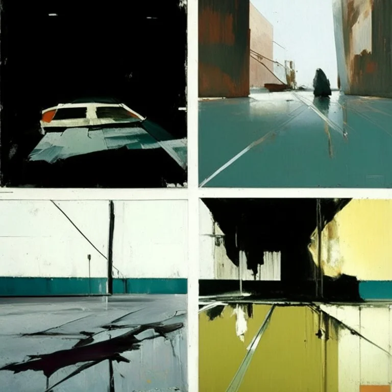 Minimal abstract oil paintings desolate 1960s carpark concrete fragments and naked bodies. style of Justin Mortimer and Francis Bacon. road markings.