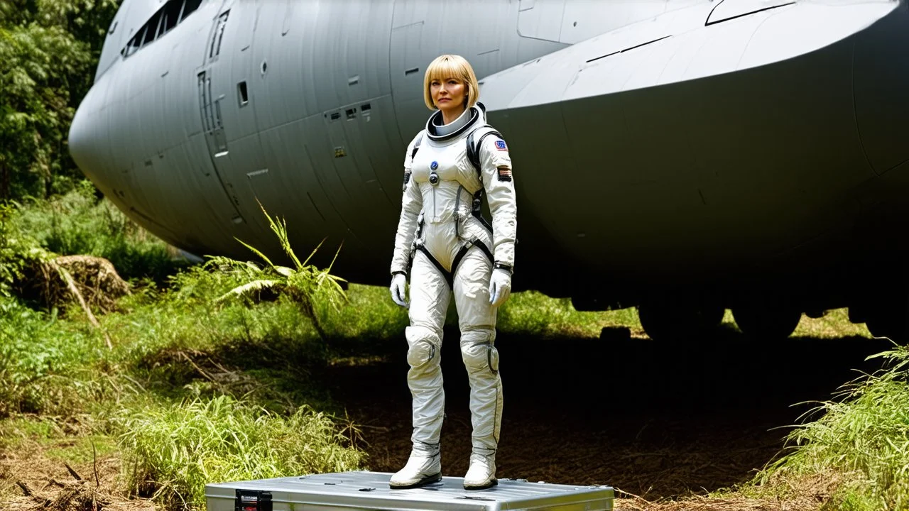 A photorealistic image of an adventurous, slender, 50-year-old woman from the future, dressed in a fitted, full-body spacesuit, stands proudly beside her huge, wide, sleek, wingless cargo starship. Her uncombed, blond hair has bangs. She is standing on a metal box in a jungle clearing.