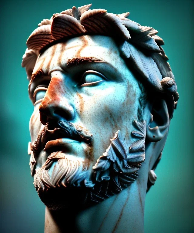 Ultra Realistic image, roman sculpture, marble deluxe material, Lionel Messi, Laurel leaves crown model, miguel angel style, chisel style, wide stripes of light blue and white paint, emperador, waist up portrait, cinematic lighting, God light, god rays, 4k resolution, smooth details, ornate details, soft lighting, unreal engine 5, sky background.