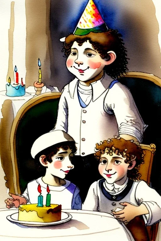 A cute smiling boy dressed black trousers white shirt, wearing a kippah. Boy and lion are sitting at a table with a birthday cake. Watercolour