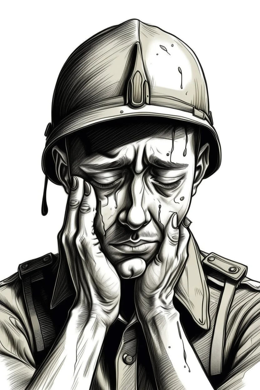 Drawing of a soldier crying