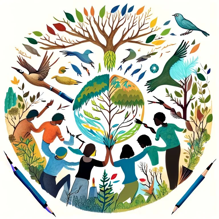 Generate an illustration of a diverse group of hands coming together in a circle, each hand holding a different art tool such as paintbrushes, pencils, and markers. Surround the hands with symbols of nature, like trees, birds, and mountains, representing the collective effort to protect the environment and promote creativity in a supportive community.