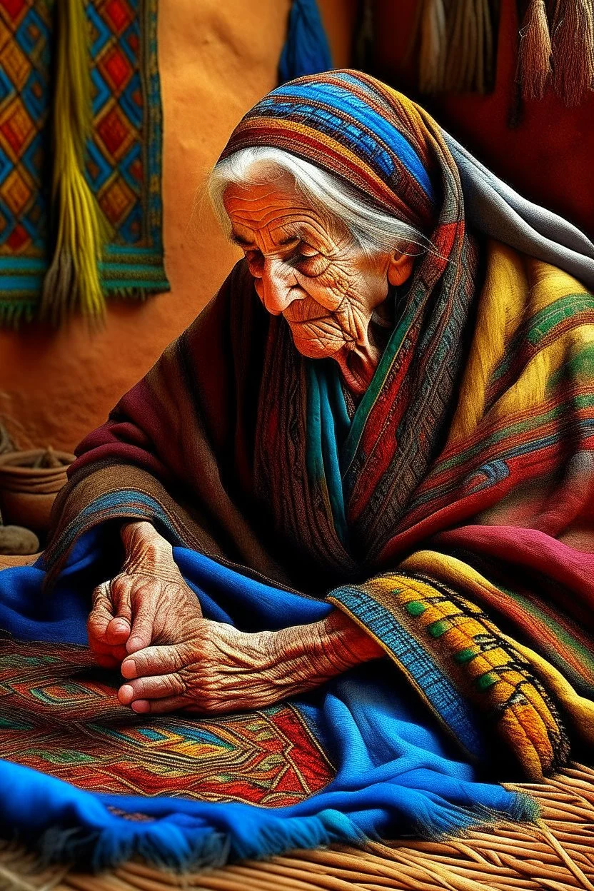 Elderly Berber woman, detailed, hyper realistic, an aura of grace and wisdom, weaving a colorful Moroccan rug, her fingers working deftly against a backdrop of a rustic Berber house.