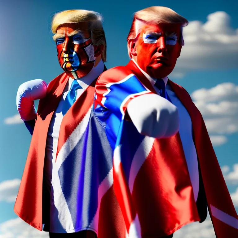 realistic image of donald trump as a mexican wrestling fighter posing outdoors, Mexican eyes wrestling mask, red and blue breeches, confederate flag cape, retro style, 80s, vibrant color, highly detailed, sky background, concept art, unreal engine 5, god rays, ray tracing, RTX, lumen lighting, ultra detail, volumetric lighting, 3d, finely drawn, high definition, high resolution.