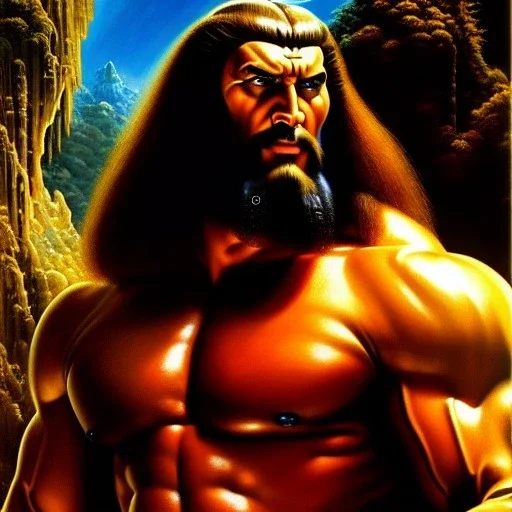 portrait oil on canvas, the giant, Og king of Bashan, mystical colors,insanely detailed,realistic,intrincate detail, 16k resolution, masterpiece,Simon Bisley,Frank Frazetta, Alex Horley,Tze Kun Chin