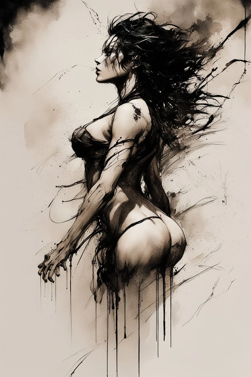 Hyper-photorealistic watercolor art style by Benedick Bana, Surreal fine art etching of a figure by Luis Royo, tanned skin inscribed with the transient story of mortality, ethereal light playing with its form whispering tales of an eternal realm, eyes, black as the depths of the night, ardently pinand looking towards the endless skies, a crown of black hair mirroring the mystery of the cosmos around, whole scene tinged with an ethereal softness from volumetric lighting, hues gr, Myst