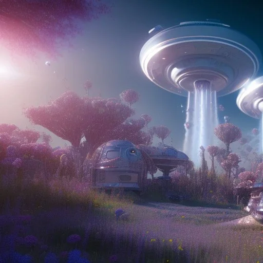 Spaceship landed on futuristic planet, sunny day. clear blue sky, cascade, flowers. Elegant. Extremely detailed. Award winning photography. Fantasy. 8k. Cinematic lighting. Photorealistic. Dynamic lighting. Imperial colors. Crisp quality. Unreal Engine. Colourful cinematic postprocessing. Pixar. VRay.