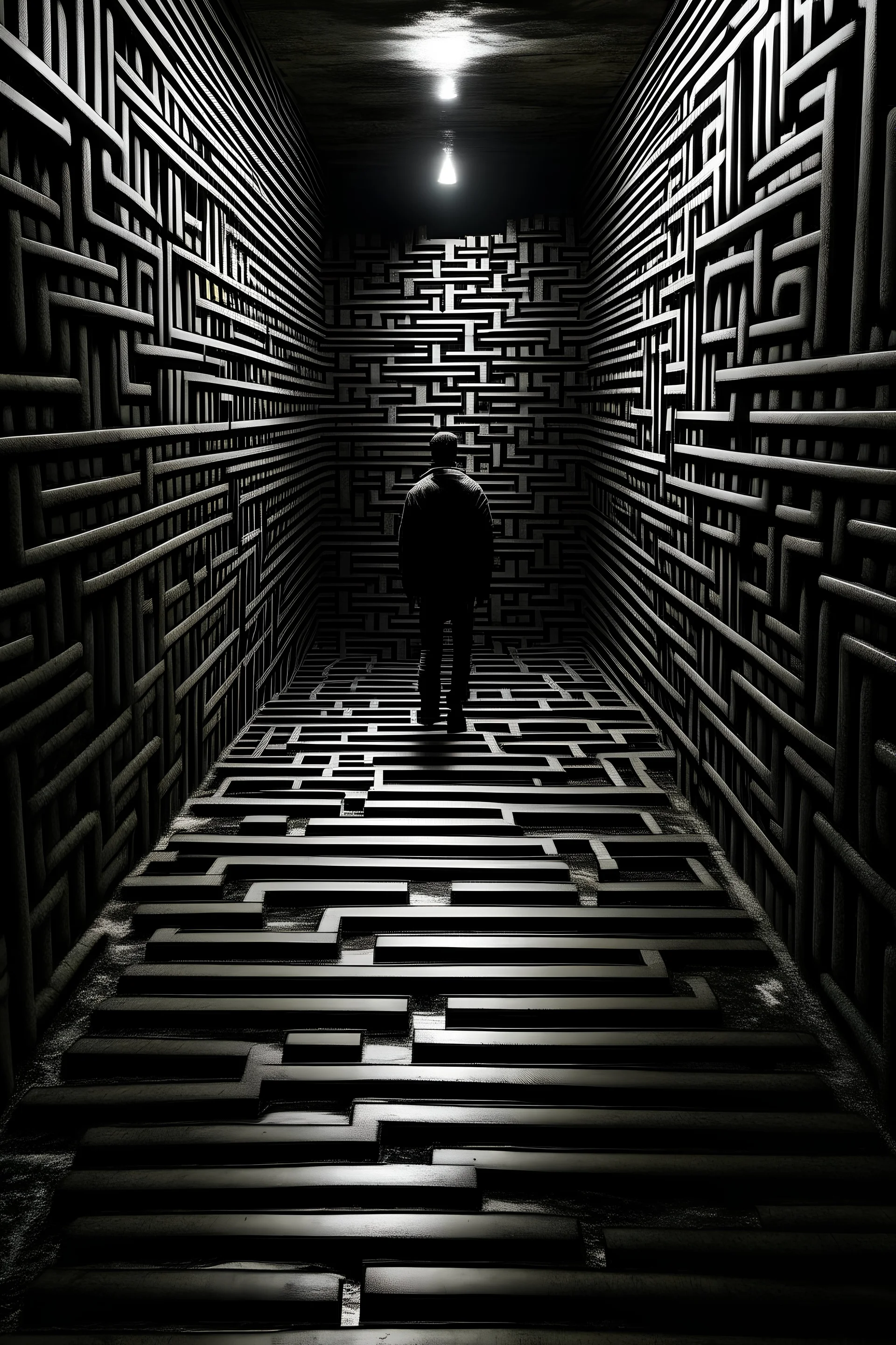 A man enters a dark labyrinth