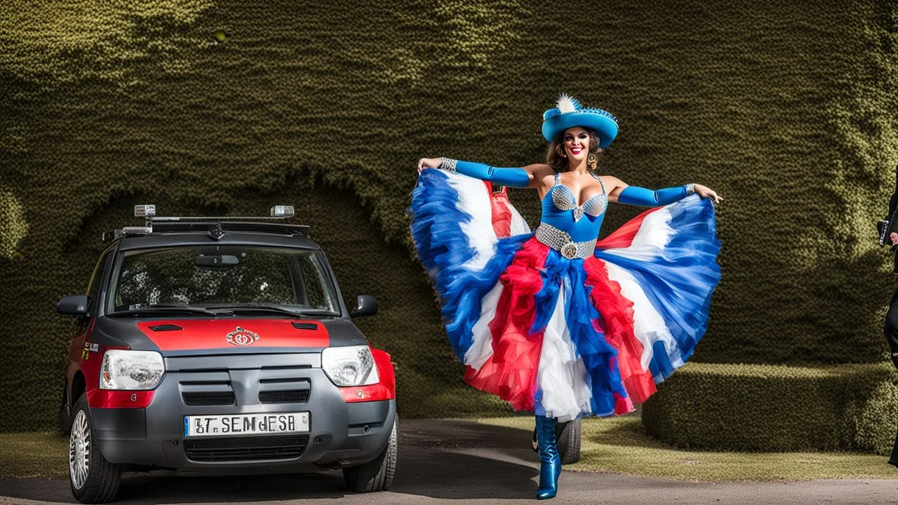 French gendarme dressed as a Brazilian revue dancer