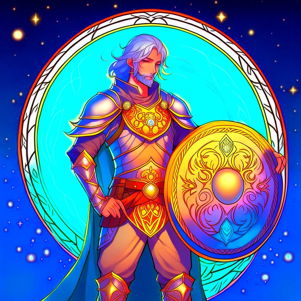 Please create an image for a 30-year old aasimar male with silver hair and a short, square beard and blue eyes. He is standing outside in the moonlight wearing plate armor and wielding a shield and a mace. His equipment is adorned in multiple places with crescent moons and stars