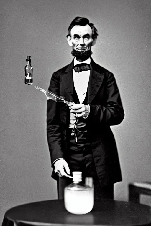 Abraham Lincoln removing the top from a small glass vial containing water he holds in his other hand vintage photography, beautiful, Tumblr aesthetic, retro vintage style, HD photography, hyperrealism