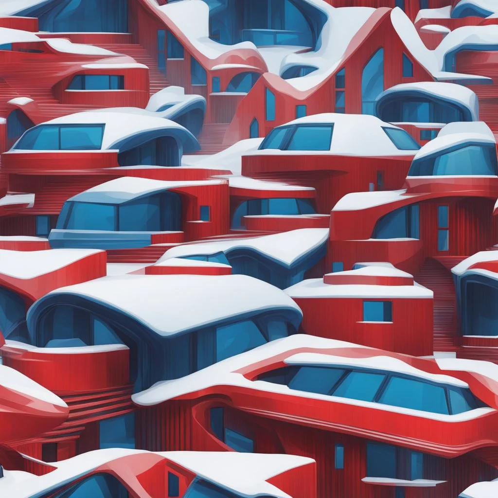 Aerial view Zaha Hadid style snow hut, digital art, hyper-detailed, red and blue colors, 8k oil painting