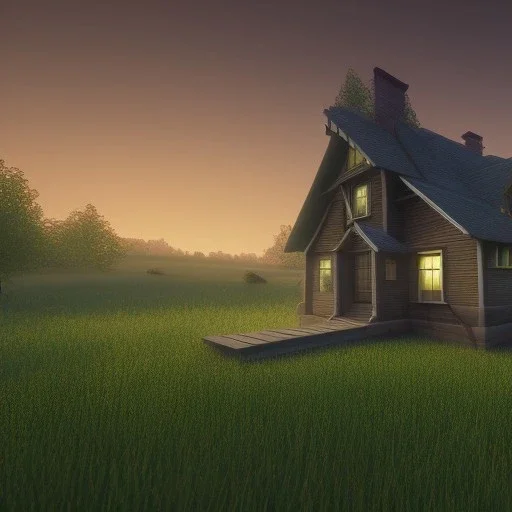 house, green meadow, sunset, photorealistic, 8k