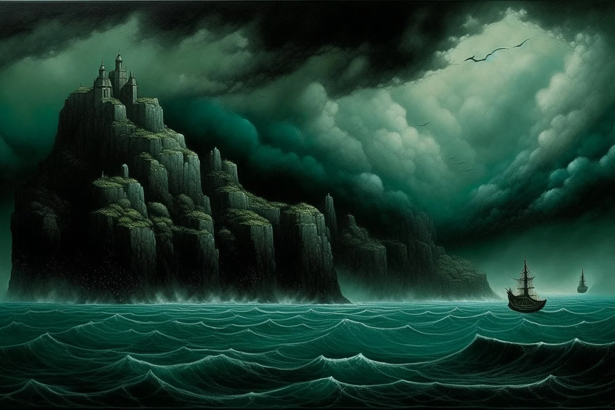 A blackish teal dark isles filled with gloom painted by Leonardo da Vinci