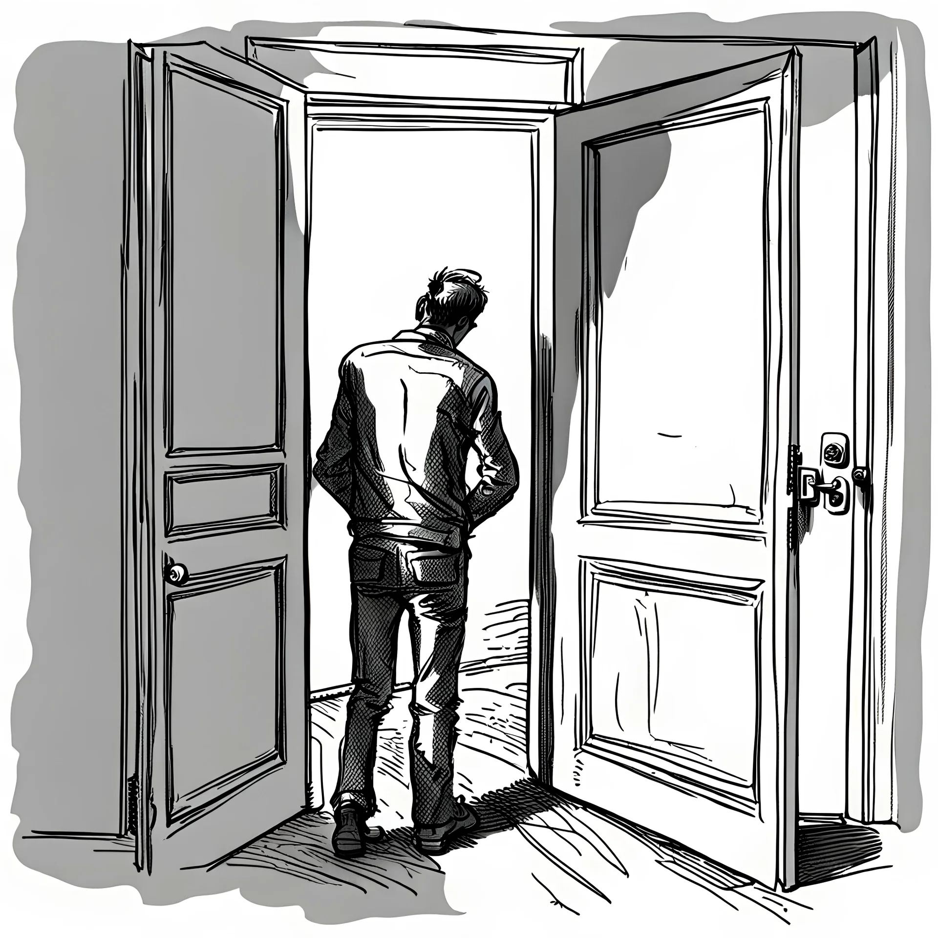 sketch, a man in middle of a door, worried, looking