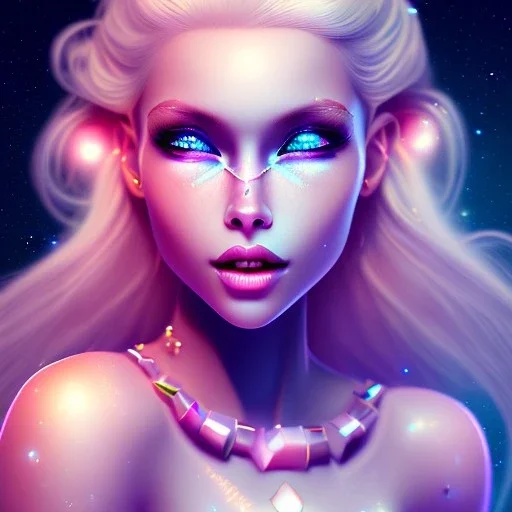 Smiling happy cosmic girl, jewels, blond hair, blue eyes, pink glossy lips, cinematic lights, HQ, 4k, high details