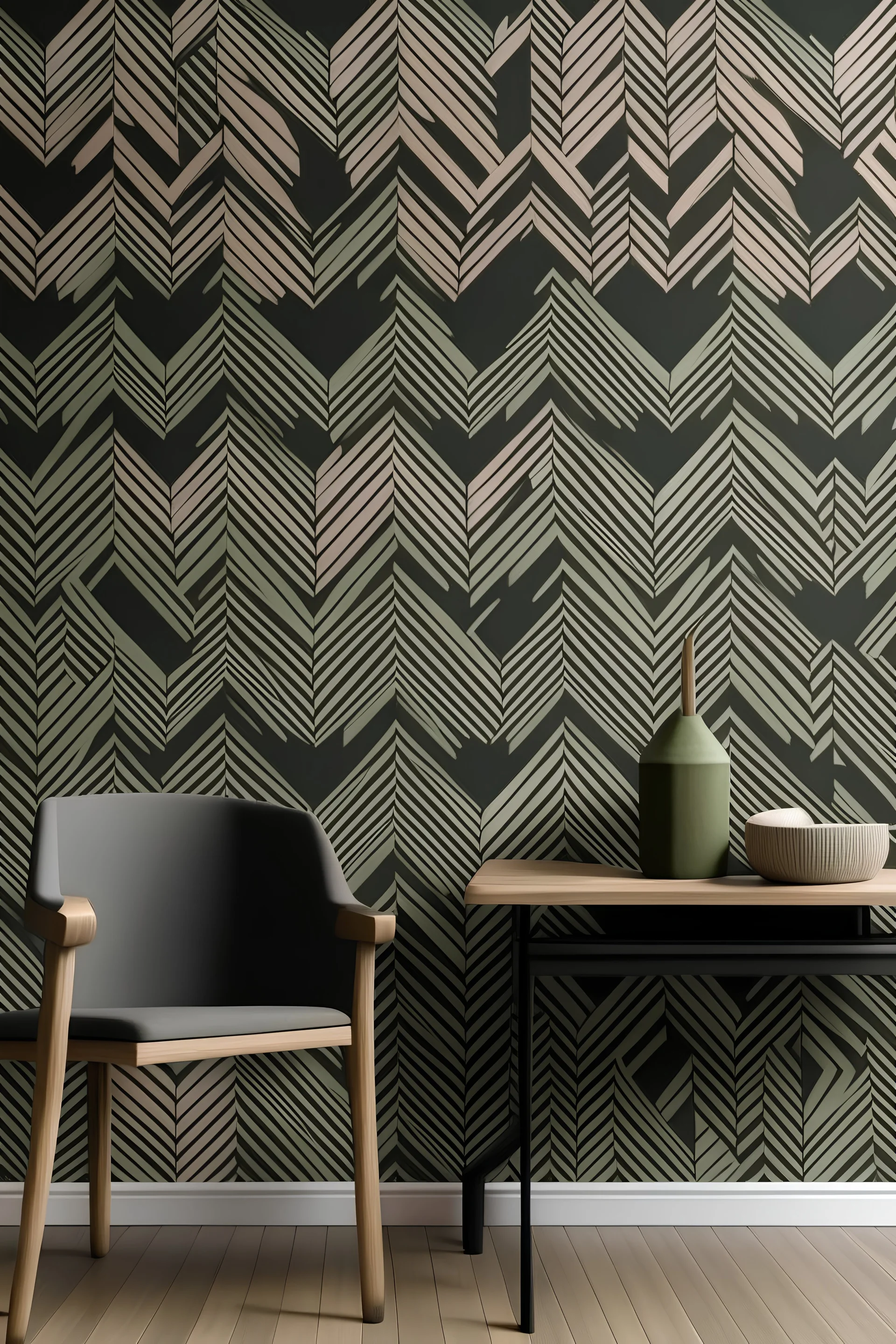 Create handpainted wall mural with geometric chevrons infused with Warli elements. Use contemporary and chic colors like charcoal gray, muted olive green, and blush pink for a modern interpretation."