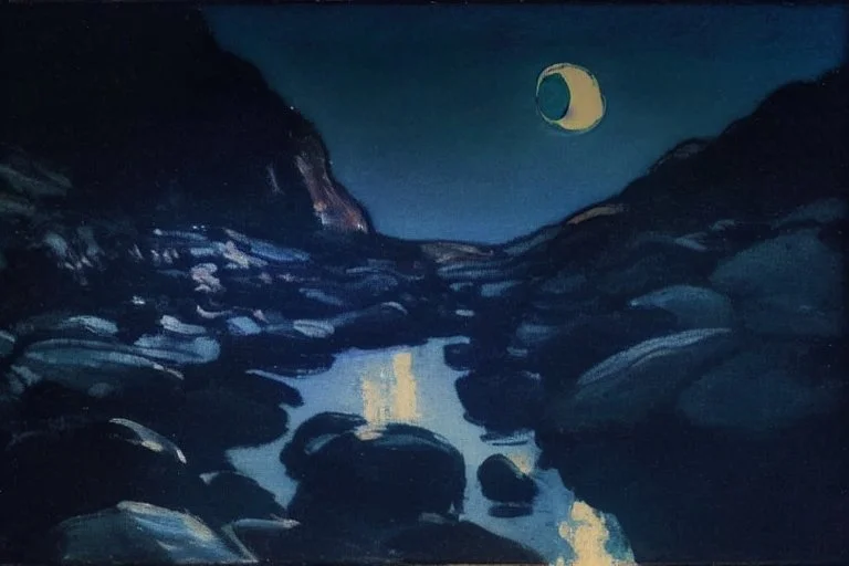 Night, moon, mountains, vegetations, sand, stream, rocks, philip wilson steer and lesser ury impressionism painting