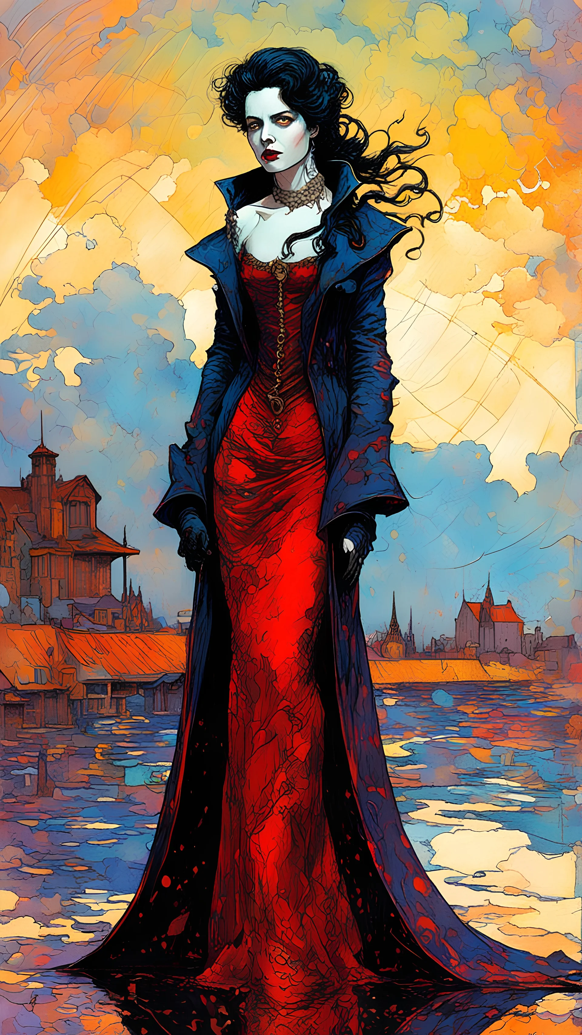 ink oil, full body portrait painting of a vampire girl in the impressionist style of Childe Hassam, mixed with art nouveau, and abstract impressionism, and the comic art style of Jean-Giraud Moebius ,precise and sharply defined edges, in vibrant natural colors