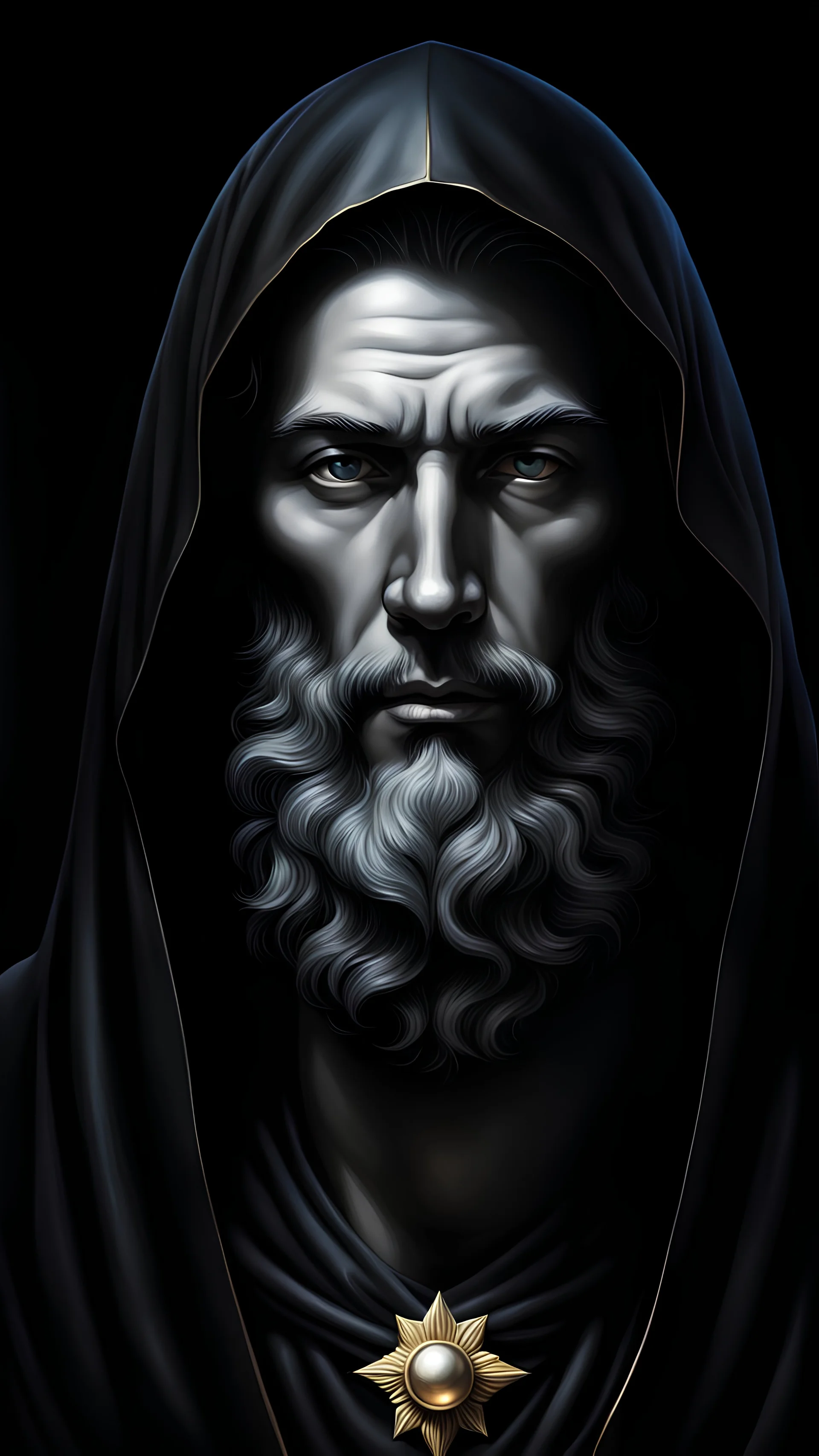 Portrait of God in black mantle on black background in realistic style