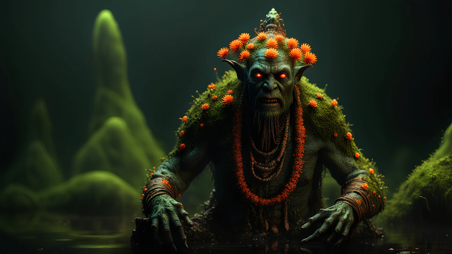 A complex 3d render of an evil, Swamp Creature Shaman decorated in phosphorescent moss and tiny, orange flowers. The art style of The Walking Dead Show, horror Gustave Doré and Greg Rutkowski. Atmospheric, wet, 4k, sharp focus.