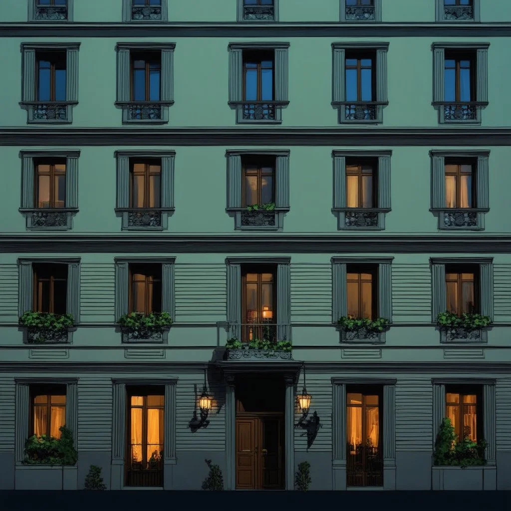 Animated representation of the mysterious facade of a European building. The scene begins before dawn with minimal lighting. The view is flat and frontal. Only 5 windows are illuminated. mysterious atmosphere, dark and muted colors. In the style of the Wes Anderson film The Grand Hotel in Budapest. Wes Anderson illustration style and colors poster