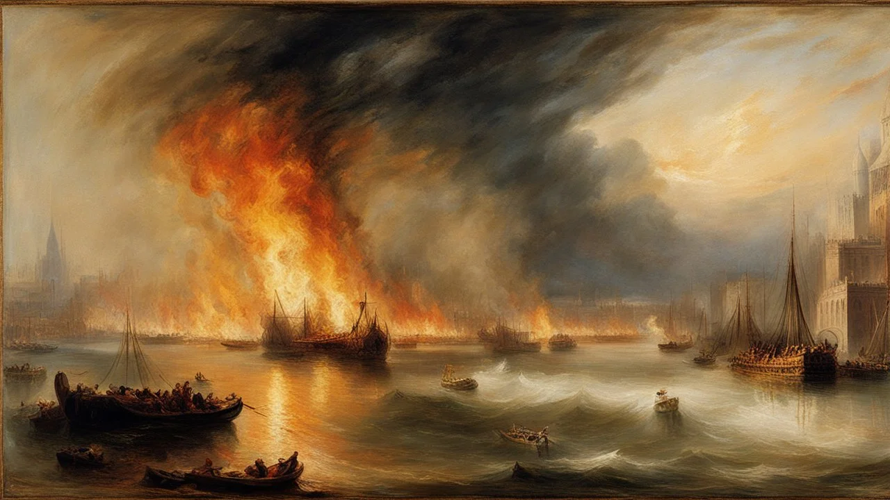 Style J. M. W. Turner, 1666 fire of London, beautiful composition, exquisite detail