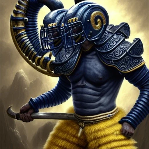 a Big-horn Ram warrior in navy blue and yellow battle armor, a highly detailed illustration, background of Inka jungle, American football in hand, realistic render, 8 k, micro detail, intricate, elegant, centered, digital painting, Artstation, smooth, sharp focus, illustration, artgerm, tomasz alen kopera, peter mohrbacher, donato giancola, joseph christian leyendecker, wlop, boris vallejo