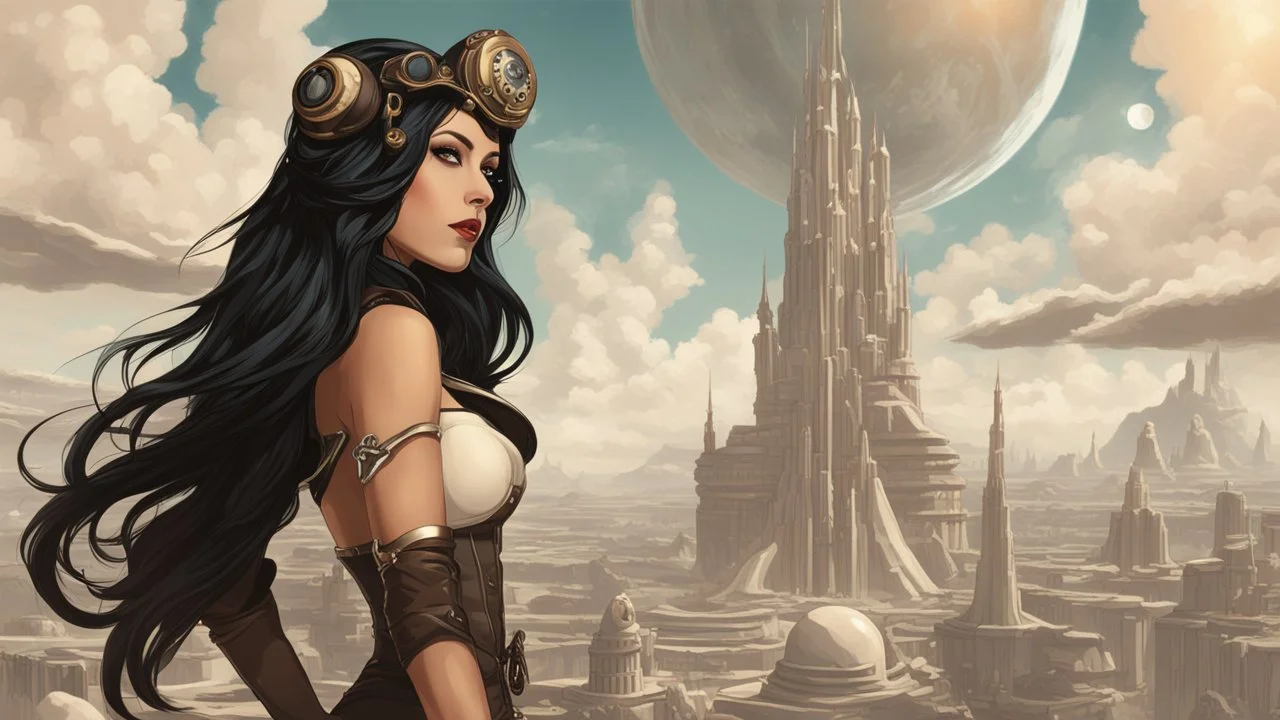 exotic sci-fi steampunk pin-up girl, with long dark hair, on a sci-fi planet with cloud trees, tall spires, buildings, bridges, arches