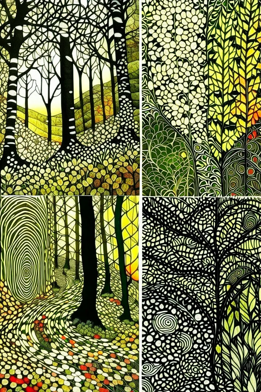 random color Zentangle patterns in the styles of Gustav Klimt ,Wassily Kandinsky, Paul Klee, and Kay Nielsen that depicts a a remote autumn forest glade, with fine ink outlining