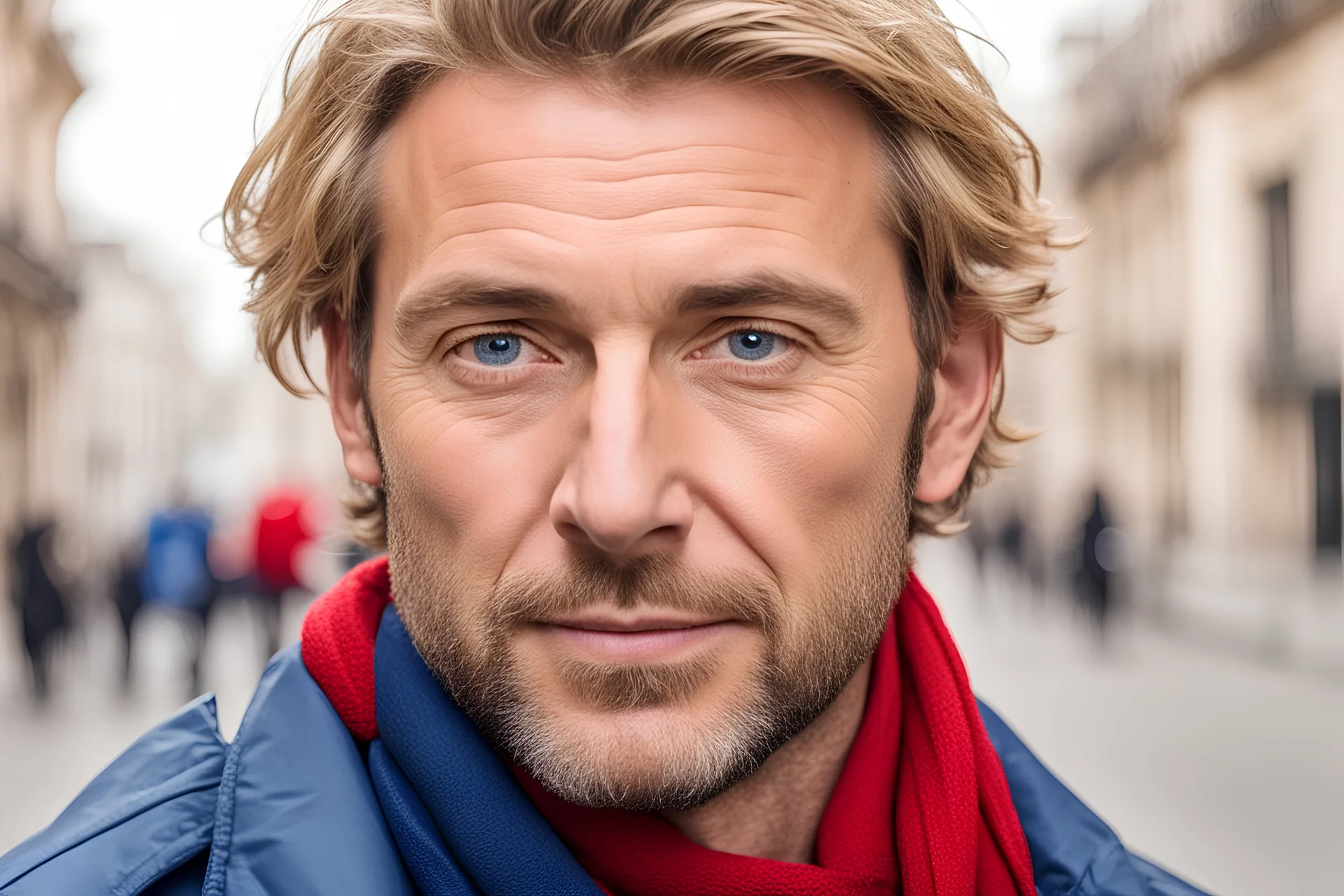 a man 40 years old, without a beard and no wrinkles on the face, blue eyes, blond hair, very handsome, with a blue jacket and red scarf, in background Paris