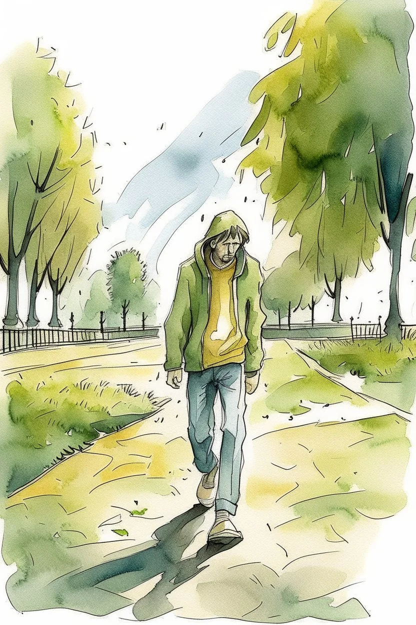 Watercolored crying man walking in a park