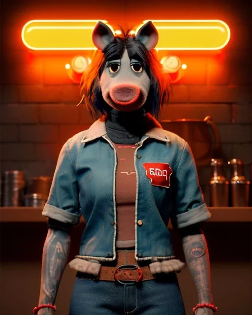 Waist up portrait, hybrid character, waitress British woman with classic muppet mask that covers her entire head and face, Sesame Street style, punk style, short shirt, tray, beer, old school tattoo, hot, smooth, unreal engine 5, god lights, ray tracing, neon, RTX, lumen lighting, ultra detail, volumetric lighting, 3d.