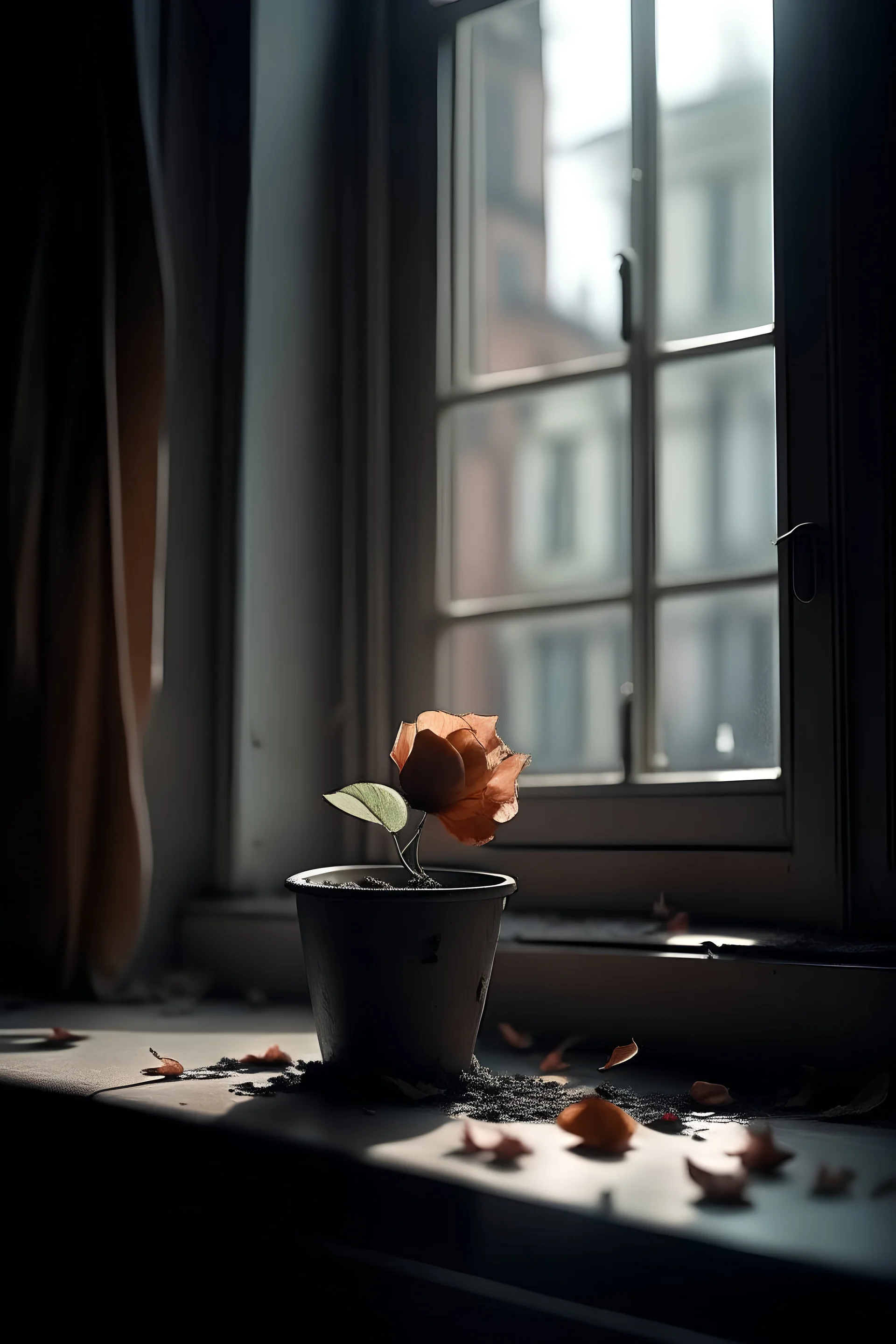 Dead flower in pot, sitting on windowsill, petals falling off, looking straight on, light coming from window behind the flower, hd, realism, hdr, 4k, leica, fujifilm, dslr, cinematic