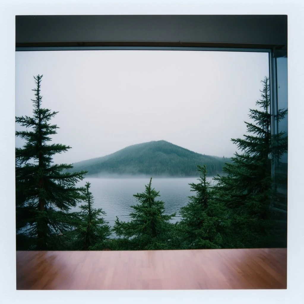 A polaroid photo of an odd room. There is a group of fir trees in the background and a high hill in the distance. A lake. The surface below is in a pastel color. Fog is present.