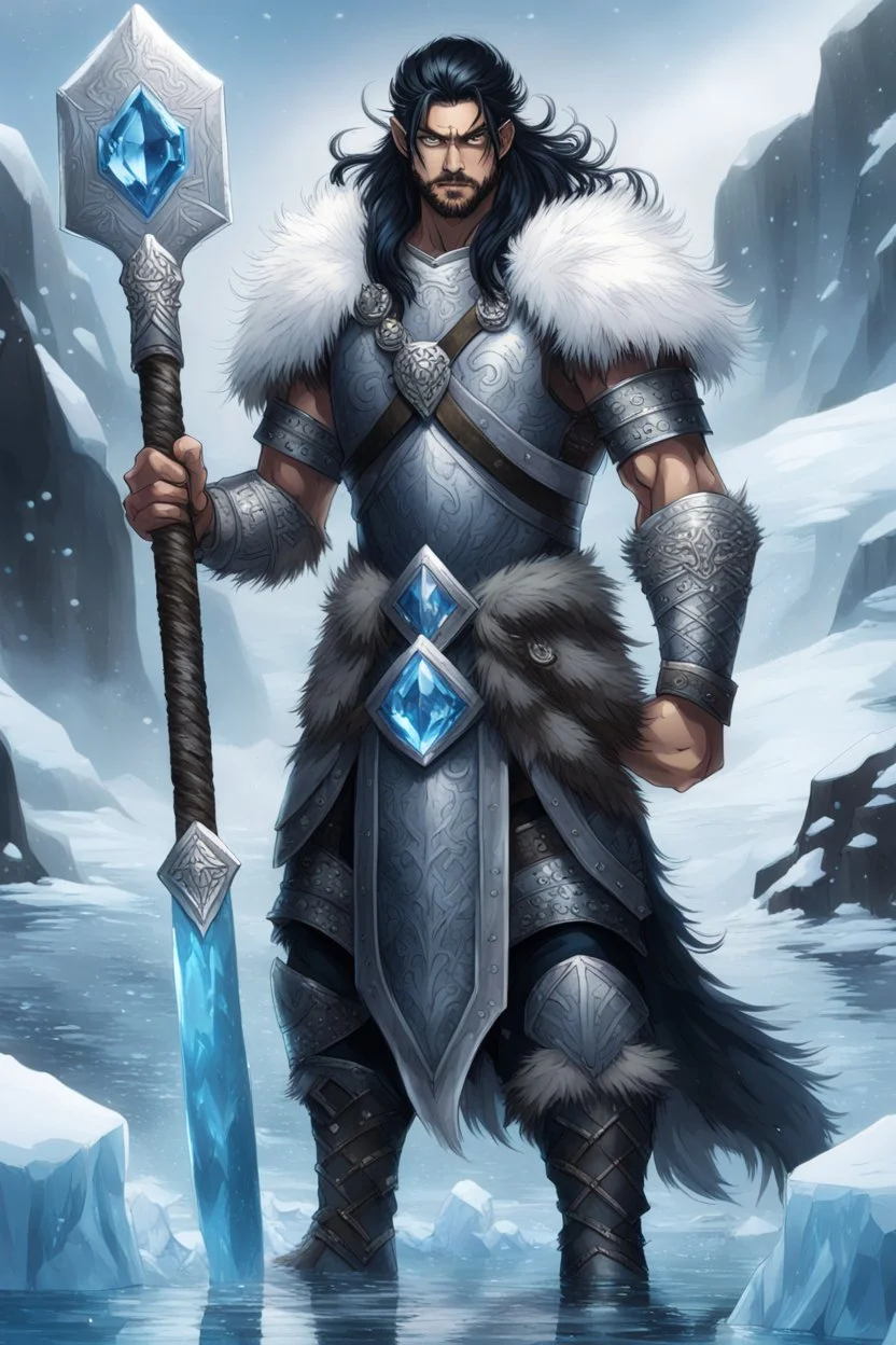 1 mana warrior, with blue eyes and black hair man in silver Viking armor with fur around the neck with blue crystal on his chest , standing in water in the artic, holding a ice axe, warrior in anime style,