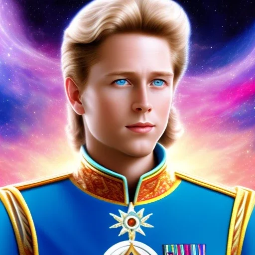 prince galactique beau fin, profil de trois quart, grand front cosmique, peau bleu cristalline, yeux bleu réel, cheveux blond et rose étoilé, armure sur le corps, collier de grand prince, lèvres souriante, très jolie sourire, fond de galaxie. 4k prince galactique beau fin, profil de trois quart, grand front cosmique, peau bleu cristalline, yeux bleu réel, cheveux blond et rose étoilé, armure sur le corps, collier de grand prince, lèvres souriante, très jolie sourire, fond de galaxie. 4