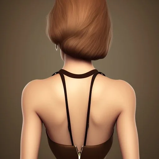 Woman with crook, back view, black trousers, render background, brown hair