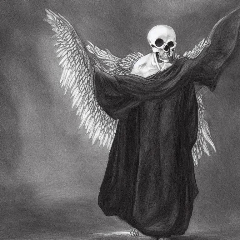 a dark priest with a skull head in s hooded robe with wings