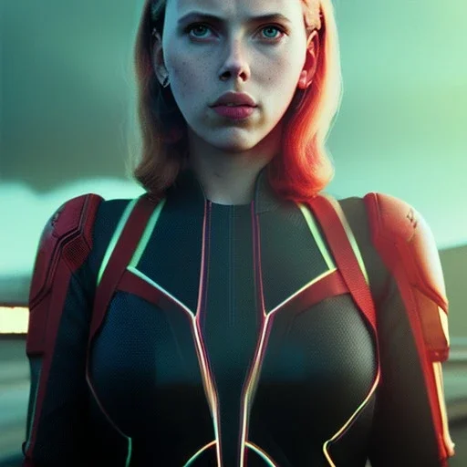 retro sci-fi portrait image from 1960, supermarket parking explosion, fire, classic black widow, young Scarlett Johansson, tight lycra suit, soft color, highly detailed, unreal engine 5, ray tracing, RTX, lumen lighting, ultra detail, volumetric lighting, 3d, finely drawn, high definition, high resolution.